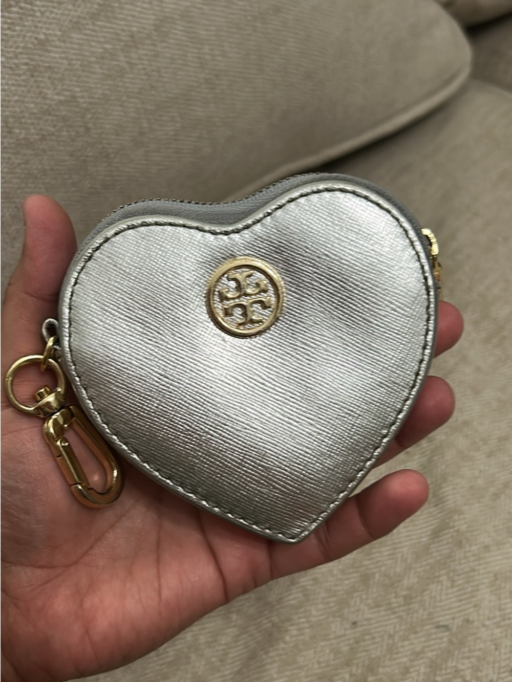 Tory Burch Metallic Silver Heart Coin Pouch with Gold Hardware